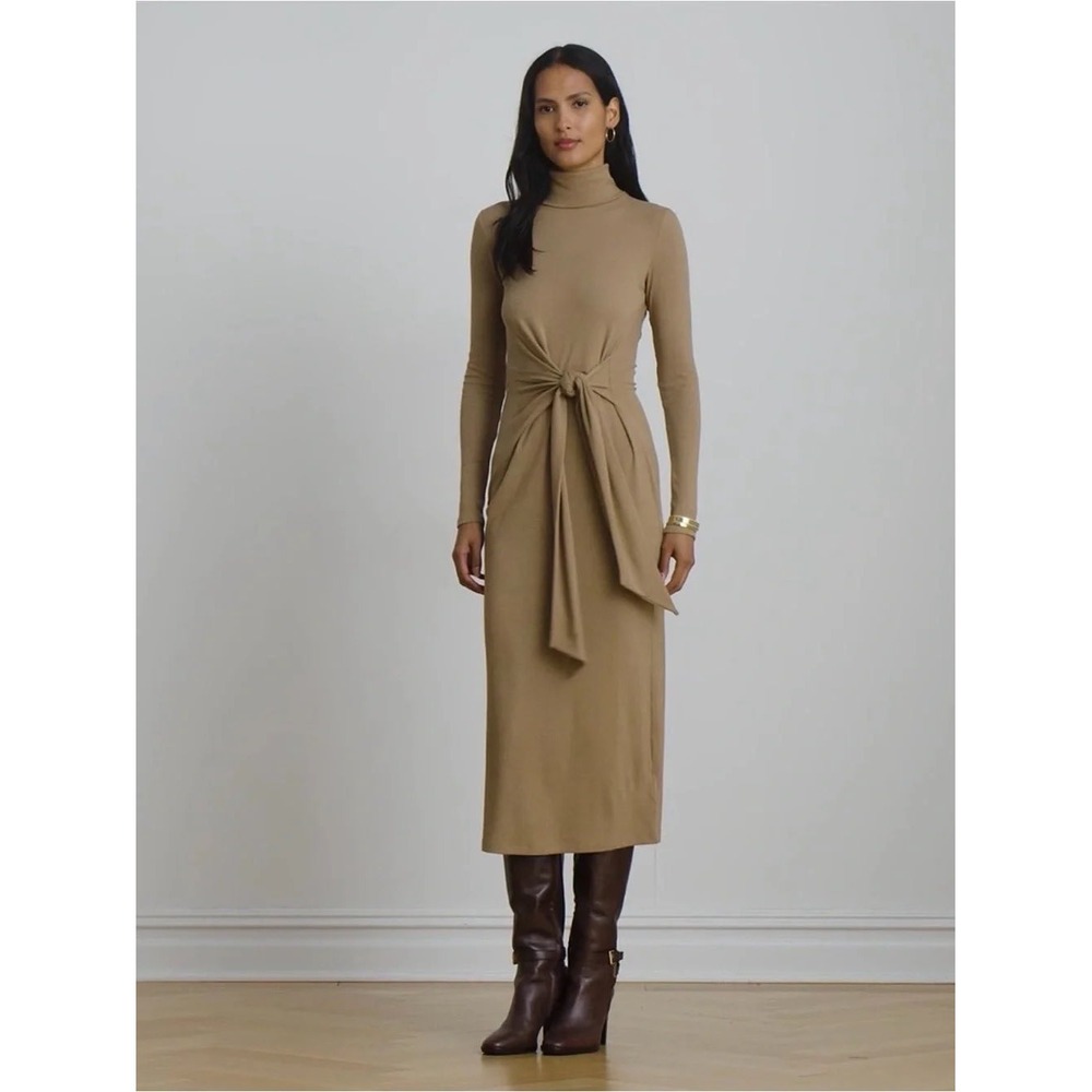 Lauren Ralph Lauren Midi Dress Size S Tan Turtleneck Tie Front Ribbed Knit Slit